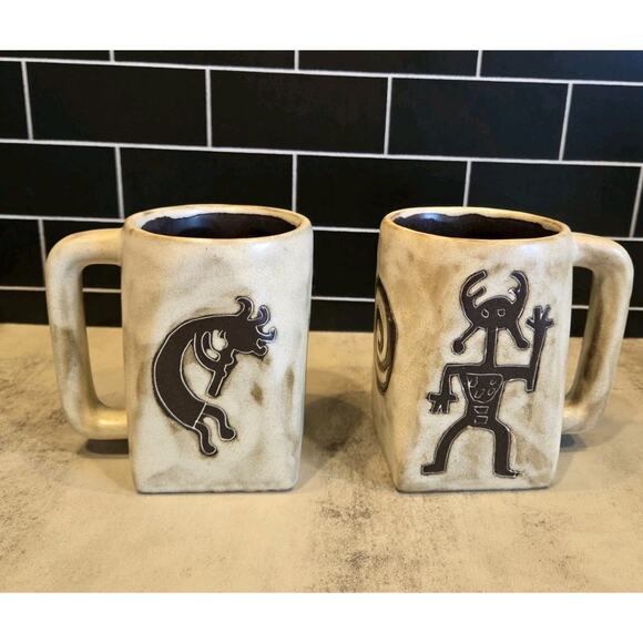 Mara Stoneware Mugs Set of 2 Kokopelli & Warrior Traditional 12 oz. Square Base - Picture 4 of 10